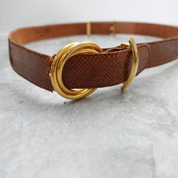 VINTAGE Snakeskin Belt Brown Leather Gold Buckle 34 Adult Handmade‎ ARGENTINA - Picture 1 of 16